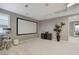 Home theater setup with a projector, screen, and stylish decor, perfect for entertainment and relaxation at 12439 Iron Bluff Ave, Las Vegas, NV 89138