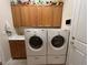 Functional laundry room with white washer and dryer, and ample storage space at 10657 San Vercelli Ct, Las Vegas, NV 89141