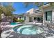 Beautiful backyard featuring a pool, spa, and a spacious patio with outdoor seating, perfect for entertaining guests at 29 Owl Ridge Ct, Las Vegas, NV 89135
