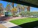 Tranquil pool area featuring lush greenery, turquoise fencing and well manicured landscaping at 5155 W Tropicana Ave # 2089, Las Vegas, NV 89103