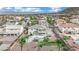 Aerial view of a neighborhood with homes, desert landscaping, pools, and mountain views at 6927 Adobe Villa Ave, Las Vegas, NV 89142