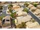 An aerial view highlighting homes with pools, desert landscaping, and solar panels at 115 Cora Hills Ct, Las Vegas, NV 89148