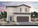 Spanish Colonial home elevation with grey stucco, tile roof, and low maintenance desert landscaping at 9671 S Conquistador St # Lot 18, Las Vegas, NV 89178