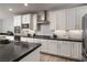 Well-lit kitchen boasts stainless appliances, white cabinets, dark countertops and tile backsplash at 12495 Point Sierra St, Las Vegas, NV 89138