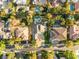 Overhead aerial view of home and neighborhood including mature trees, other homes, and a nearby street at 2316 Prometheus Ct, Henderson, NV 89074