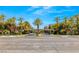 Community entrance with lush landscaping, mature palm trees, flowers, and a covered entry gate at 2316 Prometheus Ct, Henderson, NV 89074