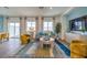 Bright living room with gray sofa, colorful rug, modern furniture, and large windows with stylish curtains at 7915 Pandora Sky St # 402, Las Vegas, NV 89084