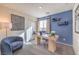 This office features a stylish blue accent wall, modern desk, and comfortable seating area at 7915 Pandora Sky St # 402, Las Vegas, NV 89084