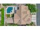 Aerial shot of backyard pool, patio, home, lush backyard landscaping and shade at 8000 Clock Tower Ct Ct, Las Vegas, NV 89117
