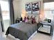 Bedroom featuring neutral tones, a bed with decorative pillows, and modern decor at 116 Antler Square Ln, Henderson, NV 89011