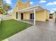 Private backyard with a covered patio, artificial grass, and a block fence at 3308 Paragon Dr, Las Vegas, NV 89117