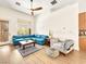 Open living space with a blue sectional sofa, stylish rug, and access to the backyard at 9037 Picket Fence Ave, Las Vegas, NV 89143