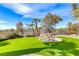 Scenic backyard featuring an artificial grass area and a custom rock water feature at 14 Hunt Valley Trl, Henderson, NV 89052