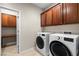 Well-equipped laundry room with modern washer and dryer, built-in cabinets, and convenient folding space at 2373 Black River Falls Dr, Henderson, NV 89044