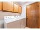 Functional laundry room with a washer, dryer, storage cabinets, and a convenient entry door at 5029 Pacific Grove Dr, Las Vegas, NV 89130