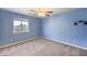A carpeted bedroom featuring blue walls, a ceiling fan, and natural light from a window at 5231 E Chasemoor St, Pahrump, NV 89061