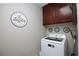 This laundry room features a modern white washer and dryer, storage solutions, and unique wall decor at 5409 Holding Ave, Las Vegas, NV 89139