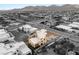 A high angle view showcases a desert home with manicured landscaping, pool, and mountain views at 9780 Solar Ave, Las Vegas, NV 89149