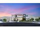 Stunning modern home with striking exterior, complemented by lush landscaping, at dusk at 9780 Solar Ave, Las Vegas, NV 89149