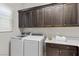 Well-equipped laundry room featuring front loading washer, dryer, and beautiful espresso cabinets at 18 Via Tiberina, Henderson, NV 89011