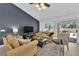 Comfortable living room with stylish furnishings, a dark blue accent wall, and sliding doors to the backyard at 3000 Morning Ridge Dr, Las Vegas, NV 89134