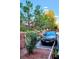 Charming landscaped exterior with pink flowers, mature trees, and a car parked in a private parking spot at , Las Vegas, NV 89118