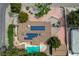 Overhead shot of a home with solar panels, a pool, and a well-maintained yard in a residential area at 3015 Duneville St, Las Vegas, NV 89146