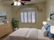 This bedroom features a window with valance and shutters, recessed lighting, and a ceiling fan at 5554 Chicory Falls Ct, Las Vegas, NV 89148