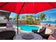 This backyard offers outdoor living with a built-in pool, patio furniture, and a relaxing ambiance at 1142 Teal Point Dr, Henderson, NV 89074