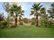 Lush backyard features a hammock strung between palm trees, perfect for relaxation at 129 Chateau Whistler Ct, Las Vegas, NV 89148