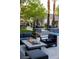 Backyard with fire pit, seating area, pool, manicured landscaping, and mature palm trees at 1309 Reisling Ct, Las Vegas, NV 89144