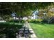 Lush backyard with green grass, mature trees, and stone pathway at 5860 N Campbell Rd, Las Vegas, NV 89149