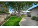 A beautifully landscaped backyard features a mature shade tree, lush lawn, garden areas, concrete patio and block wall at 700 Cactus Ln, Las Vegas, NV 89107