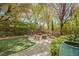 Lush backyard with stone patio, seating, and mature landscaping creates a private outdoor retreat at 11814 Canons Brook Dr, Las Vegas, NV 89141