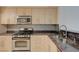 Close-up of a modern kitchen featuring stainless steel appliances and stylish cabinetry at 210 E Flamingo Rd # 105, Las Vegas, NV 89169