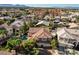 Stunning aerial view of a home showcasing its private pool, lush landscaping, and desirable neighborhood at 4651 Munich Ct, Las Vegas, NV 89147