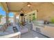 Relaxing covered patio with outdoor kitchen, ceiling fans, and comfortable seating area at 4651 Munich Ct, Las Vegas, NV 89147