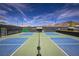 A view of a clean pickleball court highlighting its green and blue surface, crisp lines, and high net for competitive play at 2585 Shellsburg Ave, Henderson, NV 89052