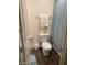 Bathroom features a toilet, shower with blue curtain, white towel and modern vanity at 532 Clearsable Ave, Henderson, NV 89044