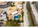 Aerial view of a private backyard oasis with sparkling pool and landscaped patio, adjacent to a scenic waterway at 730 Rusty Spur Dr, Henderson, NV 89014