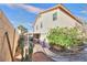 The backyard features a large patio space, lush bushes, and desert landscaping at 9879 Jazzy June St, Las Vegas, NV 89183