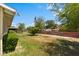 Backyard featuring trees, lawn, block fencing, and an outbuilding at 1643 E St, Las Vegas, NV 89106