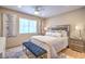 Comfortable bedroom with modern decor, a plush bed, side tables, and a cozy bench for relaxing at 3101 Hayden Ct, Las Vegas, NV 89134