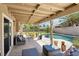 Inviting backyard with a covered patio, pool, and lush landscaping at 3249 Palmdesert Way, Las Vegas, NV 89120