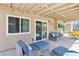 Comfortable covered patio with stylish blue furniture, perfect for outdoor lounging and relaxation at 3249 Palmdesert Way, Las Vegas, NV 89120