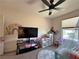 Bright bedroom featuring a modern ceiling fan, entertainment center and rainbow wall art at 8710 Beverly Grove Ct, Las Vegas, NV 89113