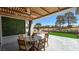 Outdoor dining area on a covered patio with a ceiling fan and views of the spacious, landscaped backyard at 2652 Golfside Dr, Las Vegas, NV 89134