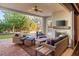 Covered patio featuring comfortable seating, fireplace, and views of the backyard and pool at 28 Tea Olive Dr, Las Vegas, NV 89141