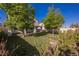 Enjoy this backyard with lawn and covered patio and mature trees at 3409 Catherine Mermet Ave, North Las Vegas, NV 89081