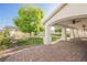 Backyard with brick patio, covered seating area, a lush lawn, landscaping, and large shade tree at 3409 Catherine Mermet Ave, North Las Vegas, NV 89081